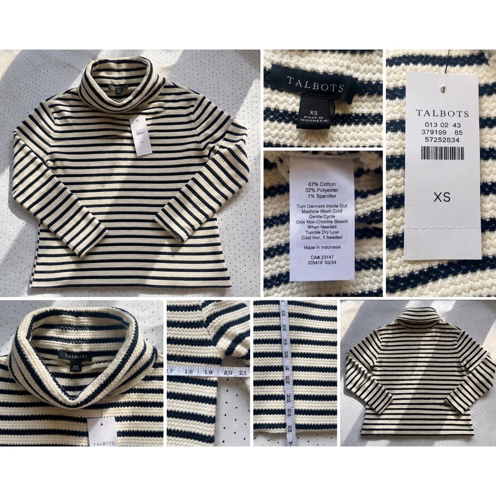 Talbots XS Navy Ivory Striped Cowl Neck Cotton Knit Sweater Coastal 57252834